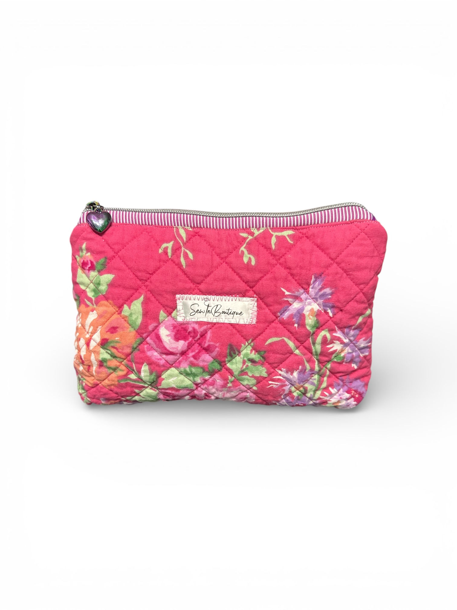 Quilted Floral Zipper Pouch – Pink Handmade Cosmetic & Accessory Bag