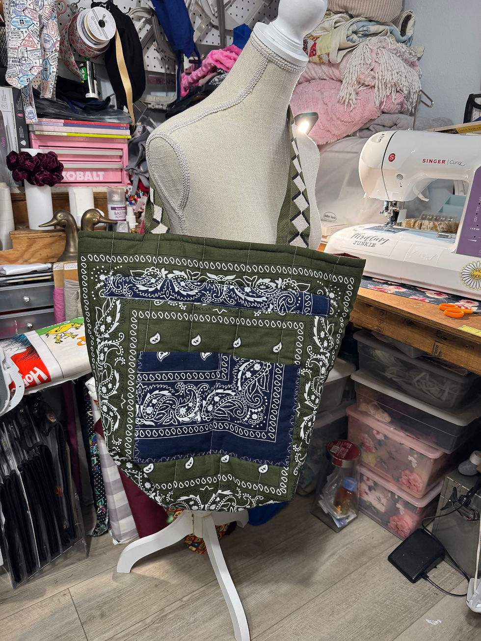 Thumbnail: Handmaid bandanna tote bag/quilted patchwork shoulder bag/up cycle, cotton marke