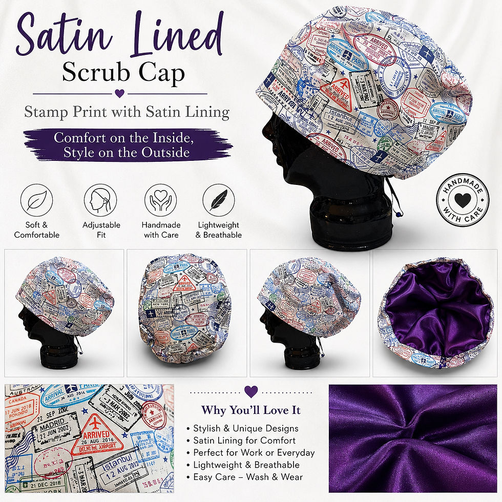 Thumbnail: Passport stamp, satin euro scrub cap/ longhair scrub cap