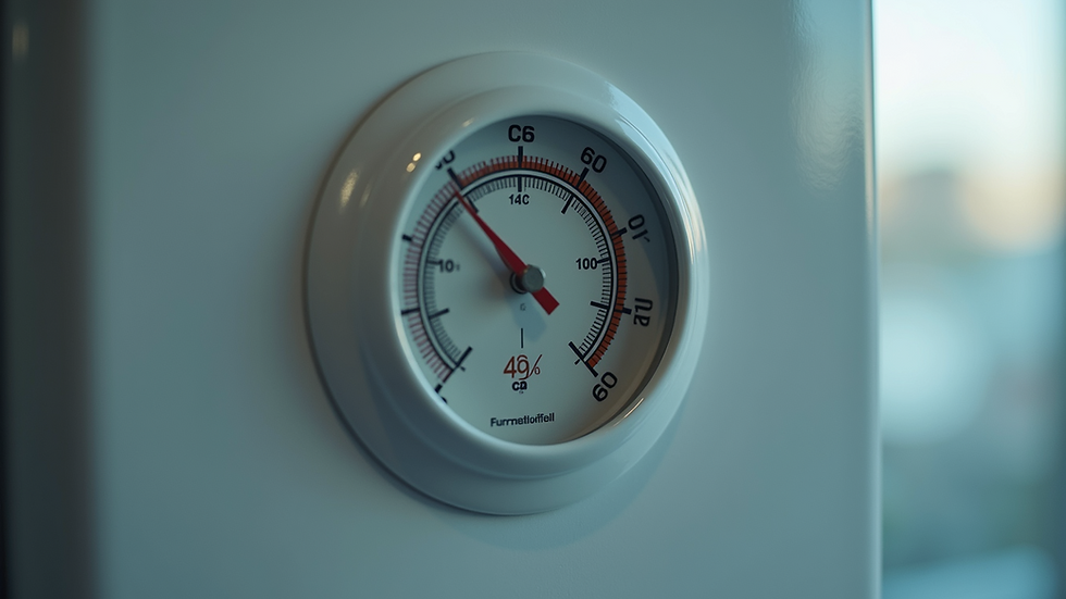 Close-up view of a fridge thermometer displaying Fahrenheit and Celsius