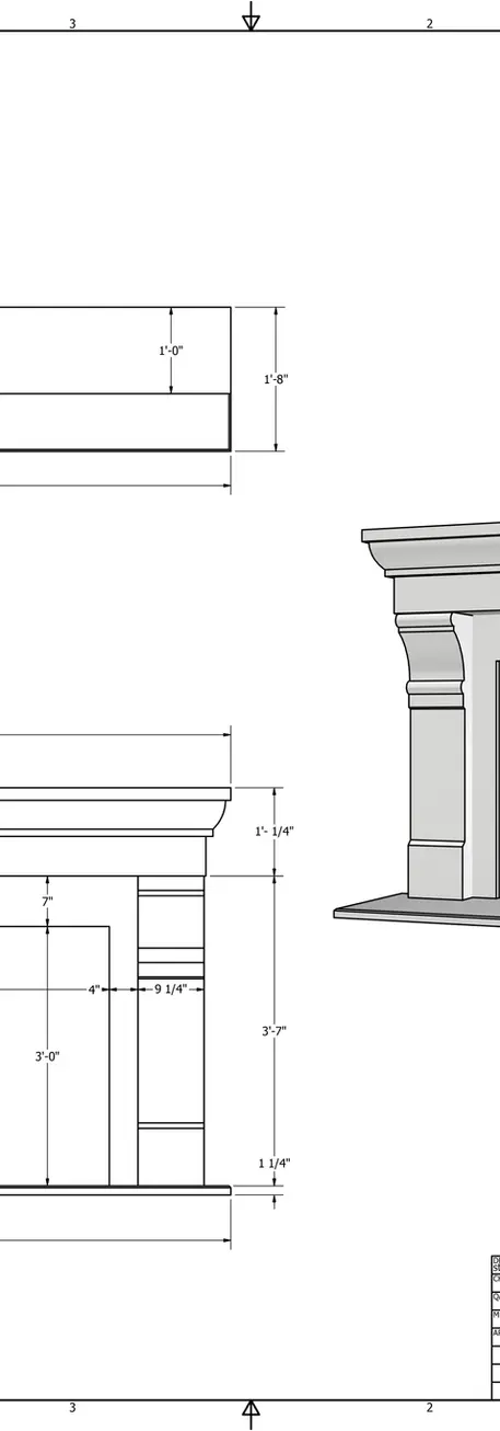 Detailed specification sheet for a cast stone fireplace mantel and surround, showcasing precise measurements and design specs