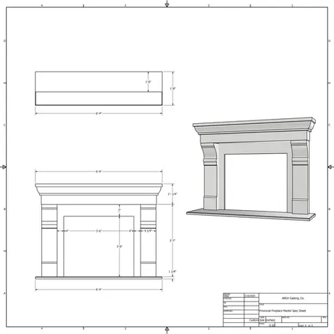 Detailed specification sheet for a cast stone fireplace mantel and surround, showcasing precise measurements and design specs