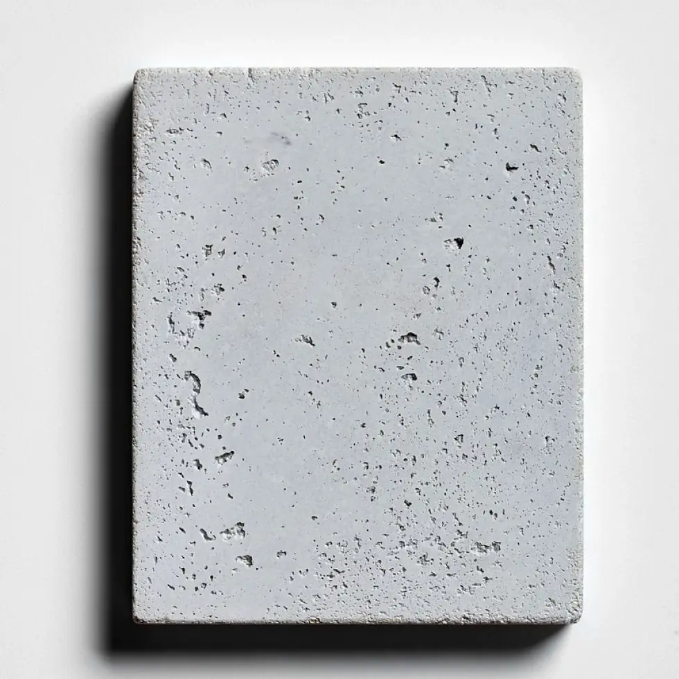 Cast stone fireplace surround sample in a mirage grey color and a distressed finish mimicking natural travertine.