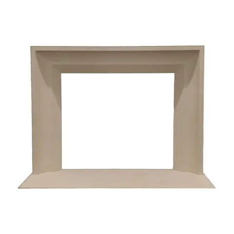 Elegant stone fireplace surround with clean, minimalist lines, perfect for a contemporary living space.