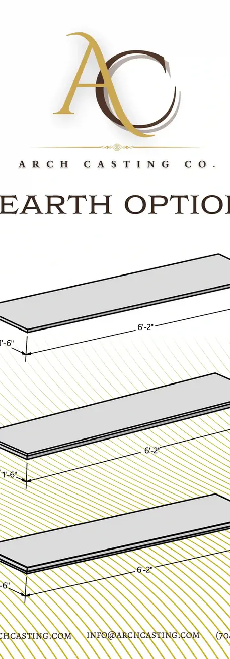 Explore Arch Casting Co.'s fireplace hearth options in flush, chamfer, and ogee styles, each 6'-2" wide and 1'-6" long.