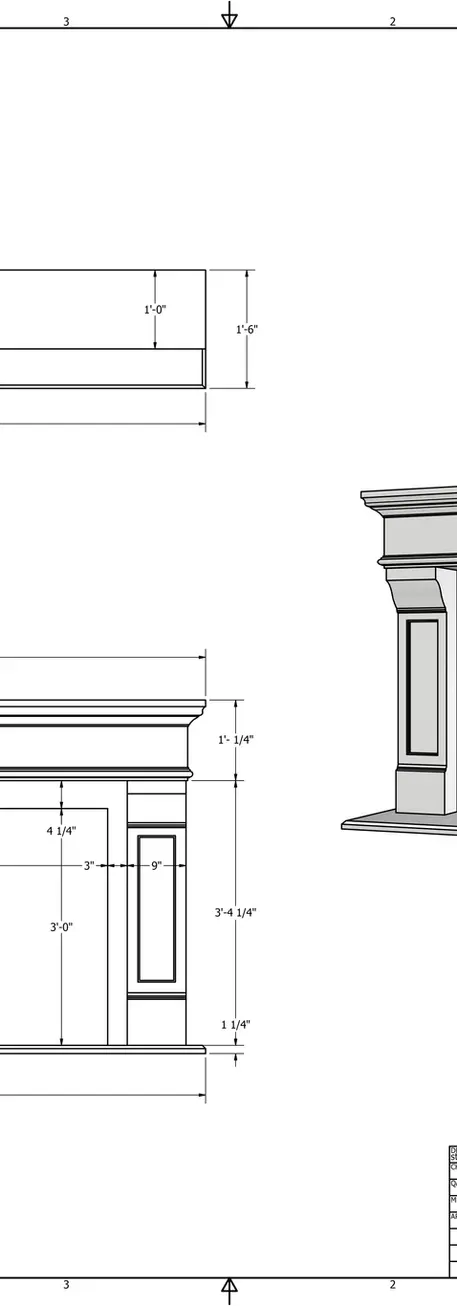 Detailed specification sheet for a cast stone fireplace mantel and surround, showcasing precise measurements and design specs