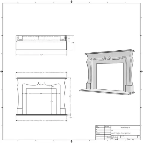 Detailed specification sheet for a cast stone fireplace mantel and surround, showcasing precise measurements and design specs