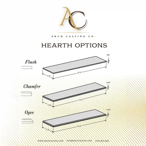 Explore Arch Casting Co.'s fireplace hearth options in flush, chamfer, and ogee styles, each 6'-2" wide and 1'-6" long.