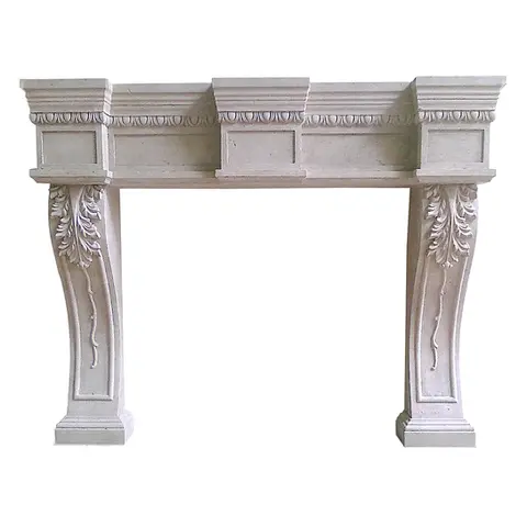 Elegant stone fireplace mantel featuring ornate carvings and classic architectural details, adding a touch of sophistication.