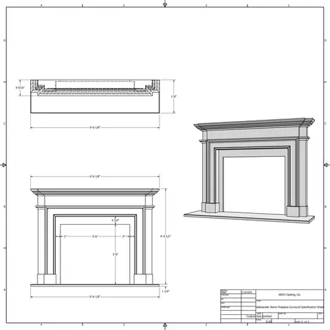 Detailed specification sheet for a cast stone fireplace mantel and surround, showcasing precise measurements and design specs