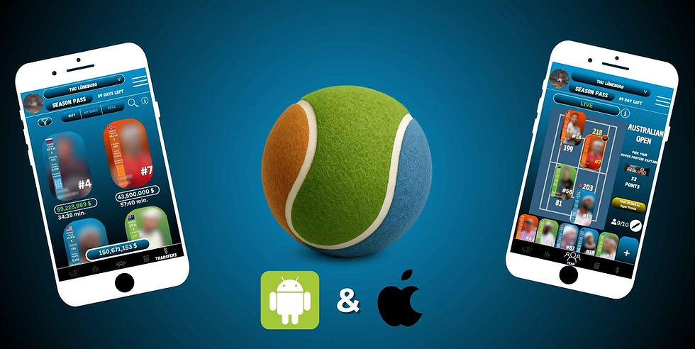 Mockup-Designs einer ab Mitte 2026 kostenlos spielbaren Fantasy Tennis App für Andoid & iO