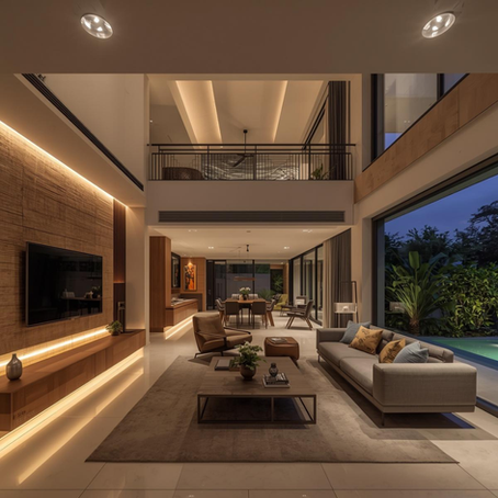 Modern Singapore living room with smart lighting system and automated curtains controlled by smartphone