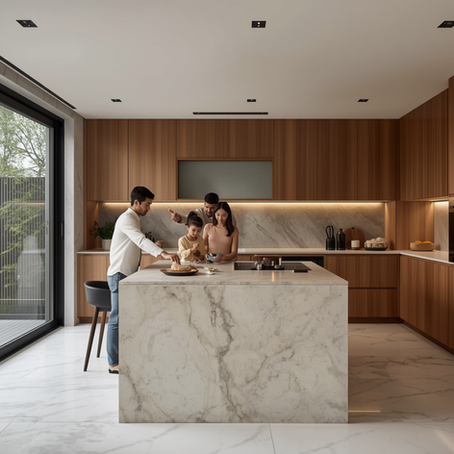 Family gathered around a dry-kitchen island during light cooking.