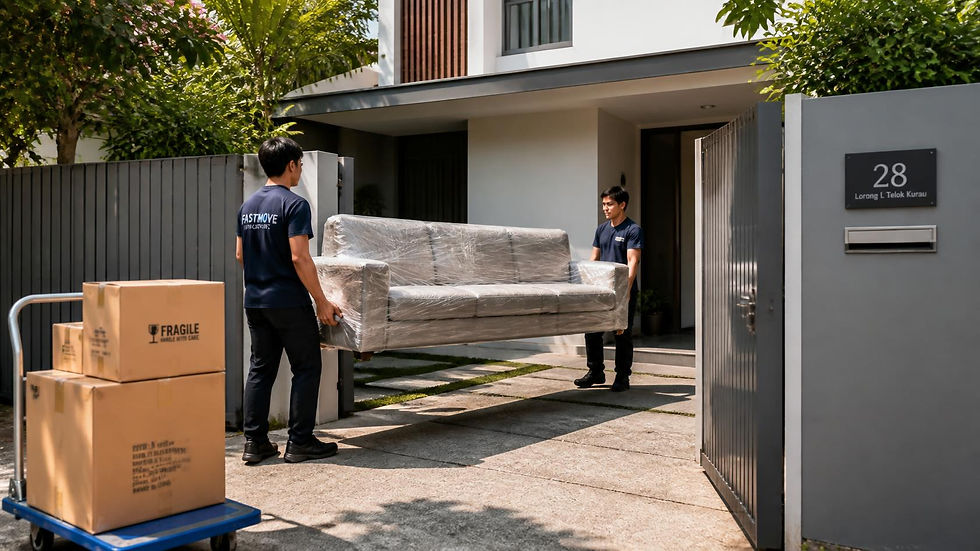Delivery workers carrying a wrapped sofa into a modern landed home, representing last-mile delivery of imported furniture.