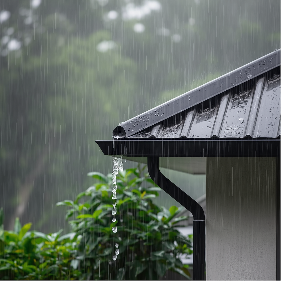 Heavy rain drips from a dark roof gutter on a house, with green shrubs blurred in the background.