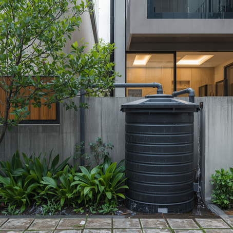 Rainwater harvesting tank and downpipes beside a landscaped garden during rain.