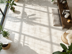 Sunlit minimalist living room with potted plants, wooden console, woven bench, and leafy shadows on a pale floor.