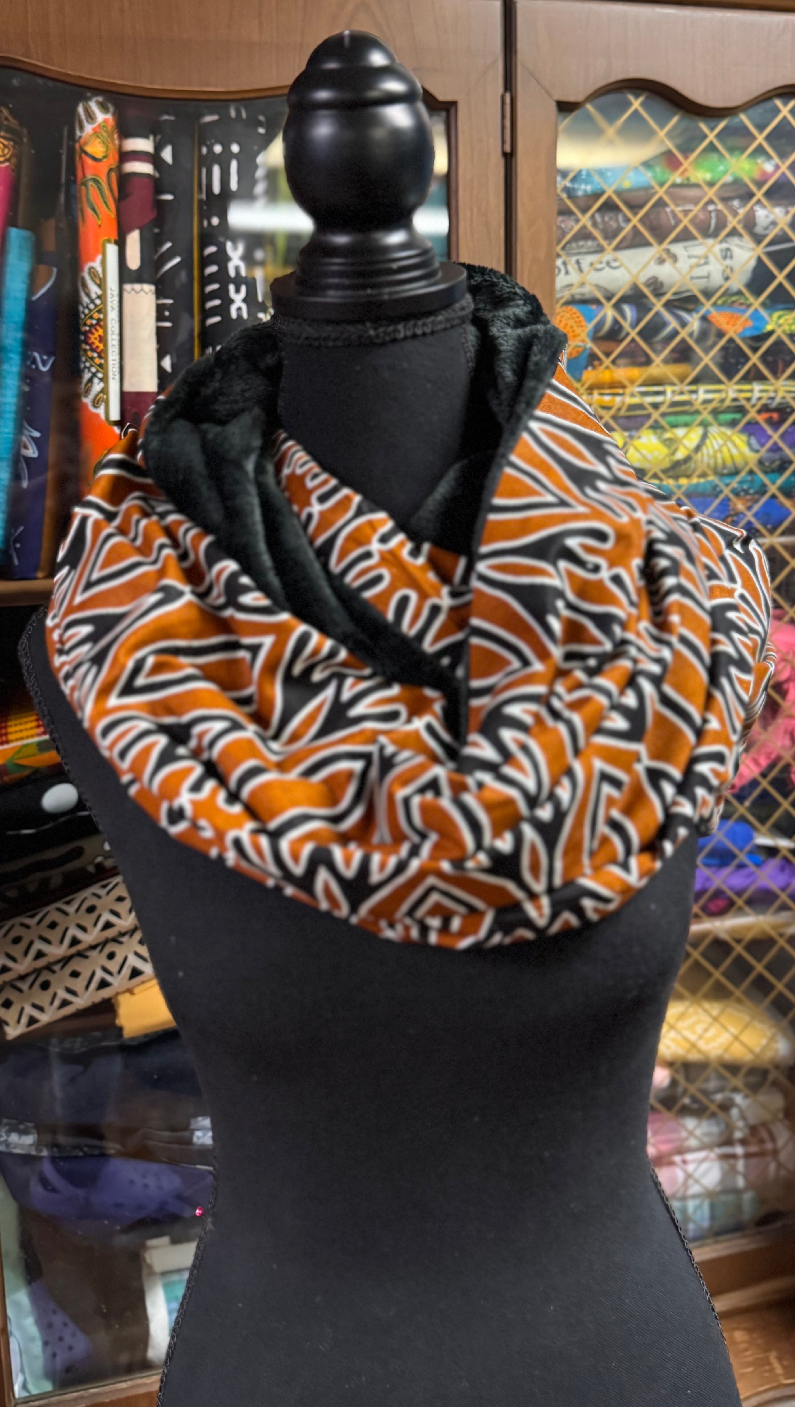 African Infinity Snood, Ankara fabric and black Faux Fur