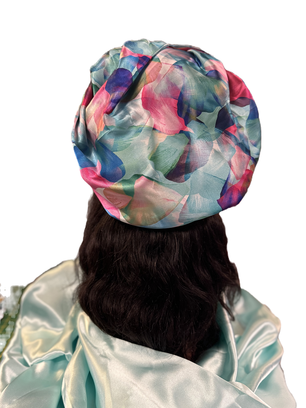 Thumbnail: light blue and pink hair bonnet with ties