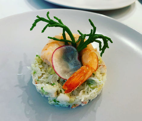 Seafood tower, crab, prawn, radish and samphire appetisier