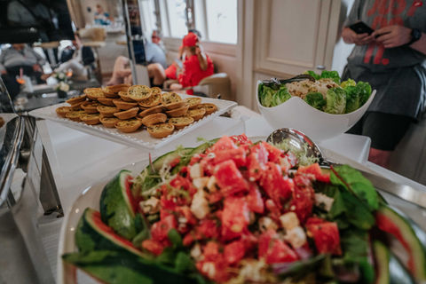 Bespoke buffet catering with watermelon and feta salad, mini quiches