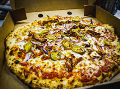 Sams Room Service BBQ pulled pork pizza. Manston Business Park, Ramsgate, Kent.