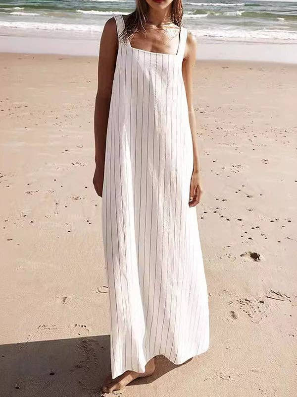 Thumbnail: A-Line Loose Striped Square-Neck Maxi Dresses: WHITE, S