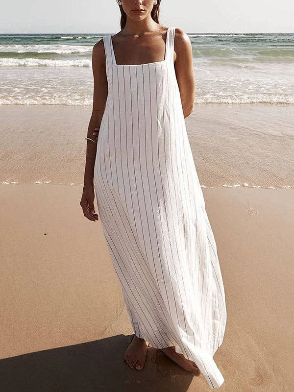 A-Line Loose Striped Square-Neck Maxi Dresses: WHITE, L
