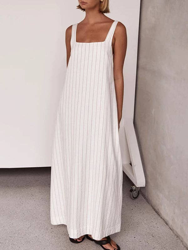 Thumbnail: A-Line Loose Striped Square-Neck Maxi Dresses: WHITE, L