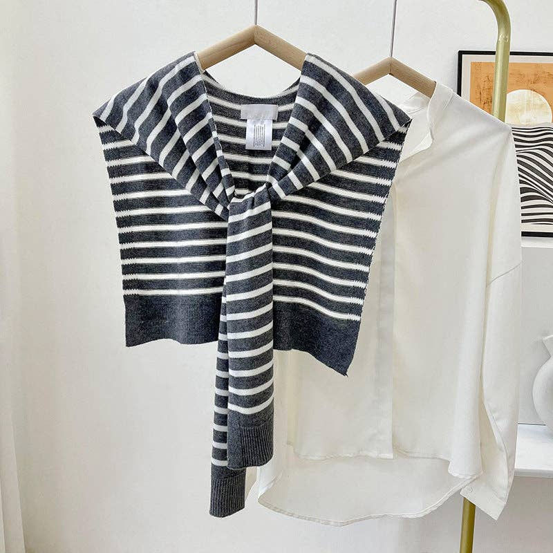 Thumbnail: Cozy Knitted Striped Shawl Wrap AL-931089: Navy blue, 100cm