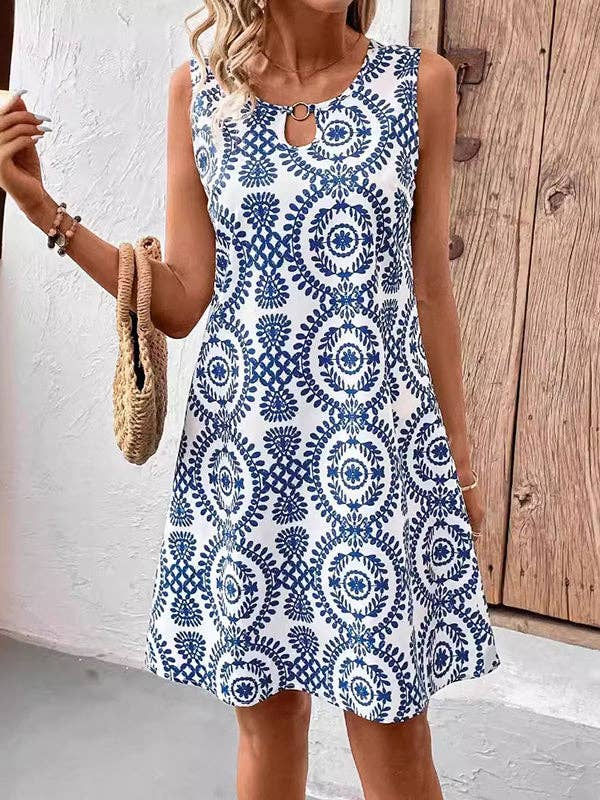 Thumbnail: A-Line Loose Hollow Printed U-Neck Mini Dresses: BLUE, S