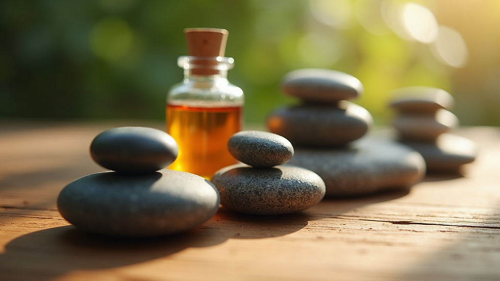 Close-up view of essential oils and massage stones arranged on a wooden table
