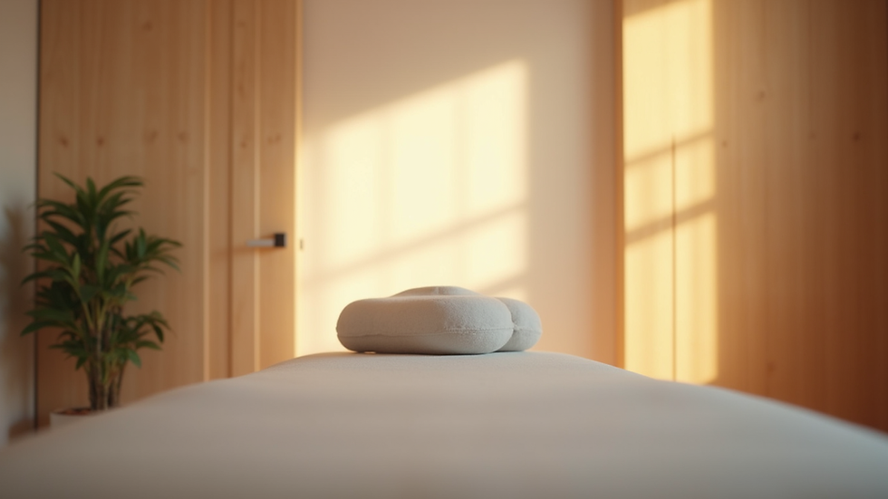 Eye-level view of a calm therapy room with soft lighting and comfortable massage table