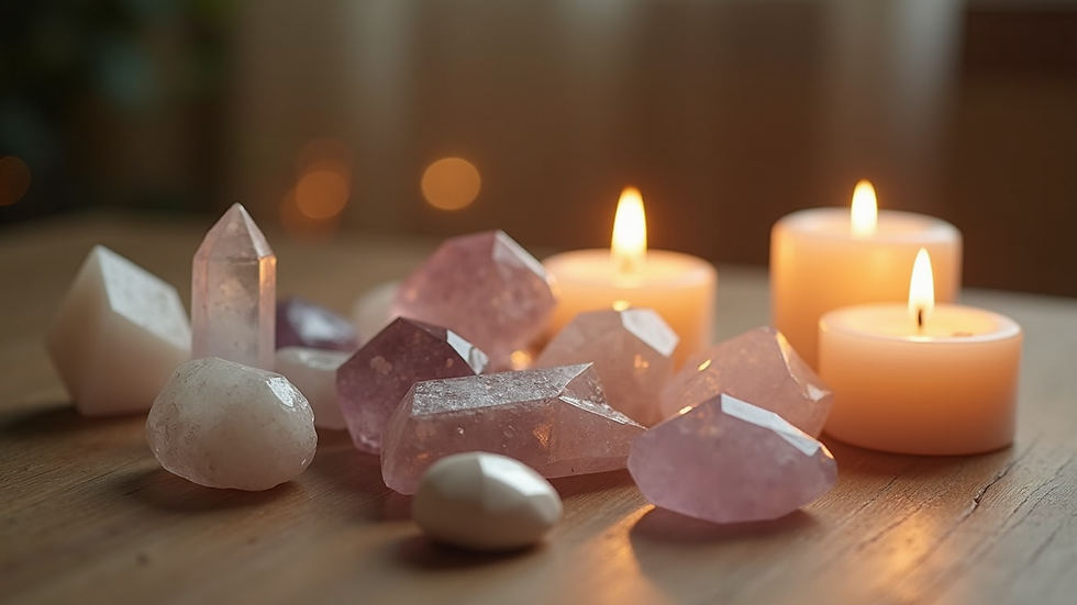 Close-up view of healing crystals and candles arranged on a wooden table