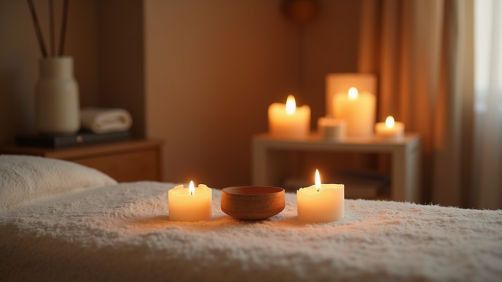 Eye-level view of a cozy therapy room set up for ear candling session