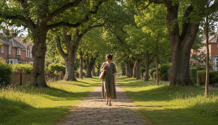 Wide-angle view of a quiet walking path through trees with one person walking alone