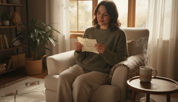 Eye-level view of a person sitting by a window and reading a handwritten note about relationships
