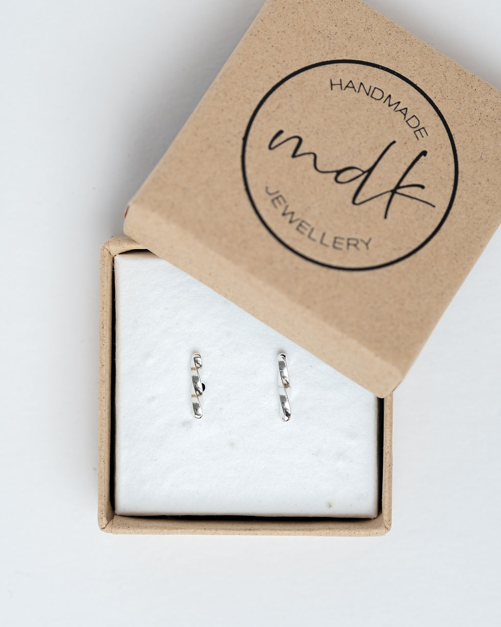 Thumbnail: handmade twisted bar silver stud earrings in jewellery box