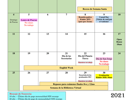 Calendario del mes de abril (sujeto a cambios)