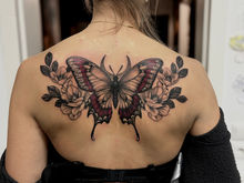 Tatuaż motyla z kwiatami na plecach kobiety, wykonany w stylu floral z czerwono-czarnymi akcentami, Hypnotic Tattoo Bielsko-Biała.