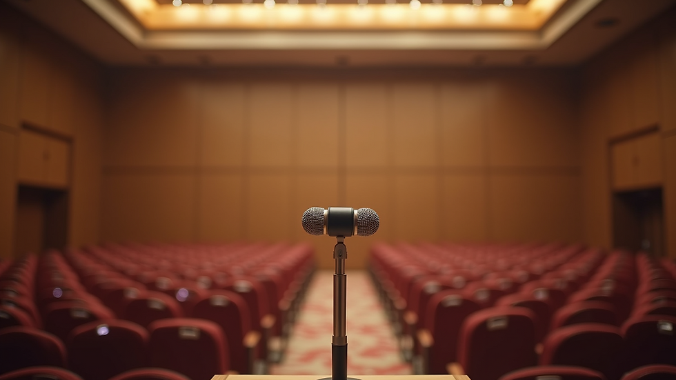 Close-up view of a podium with a microphone in an empty conference hall