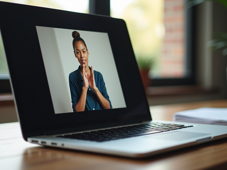 Eye-level view of a laptop showing a video call with a sign language interpreter
