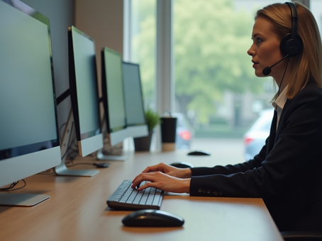 Eye-level view of a customer service desk with a headset and computer