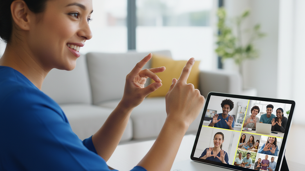 Close-up view of a sign language interpreter using BSL during a virtual meeting