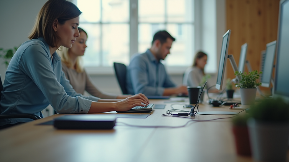 Close-up view of a workplace desk with assistive technology devices for accessibility