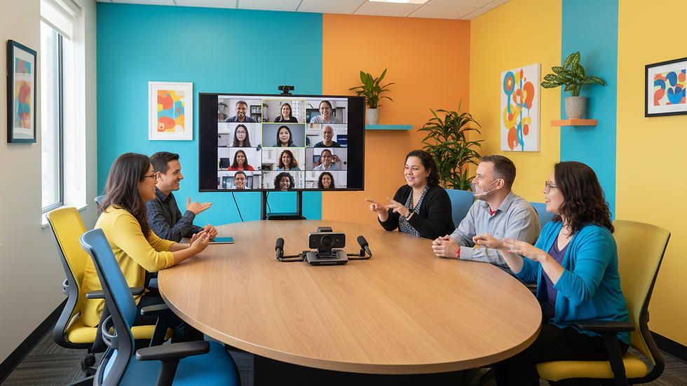 Eye-level view of a modern office meeting room with a video call setup