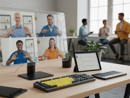Eye-level view of a modern office desk with accessibility tools