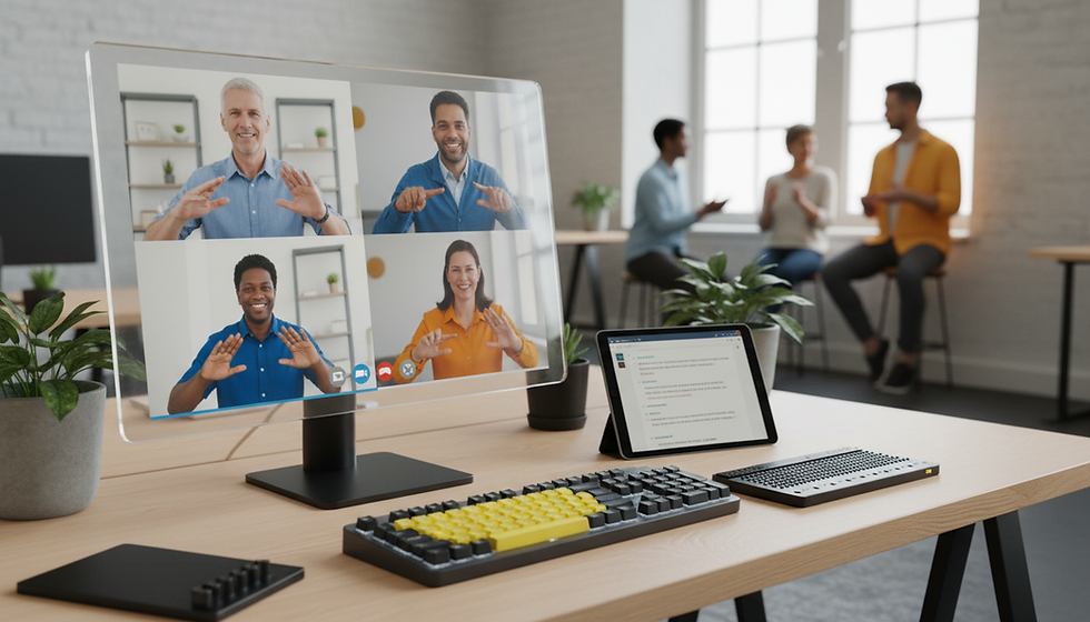 Eye-level view of a modern office desk with accessibility tools
