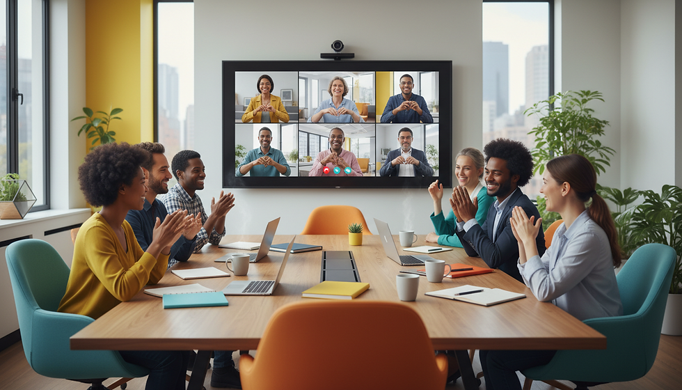 Eye-level view of a modern office meeting room with a video call setup