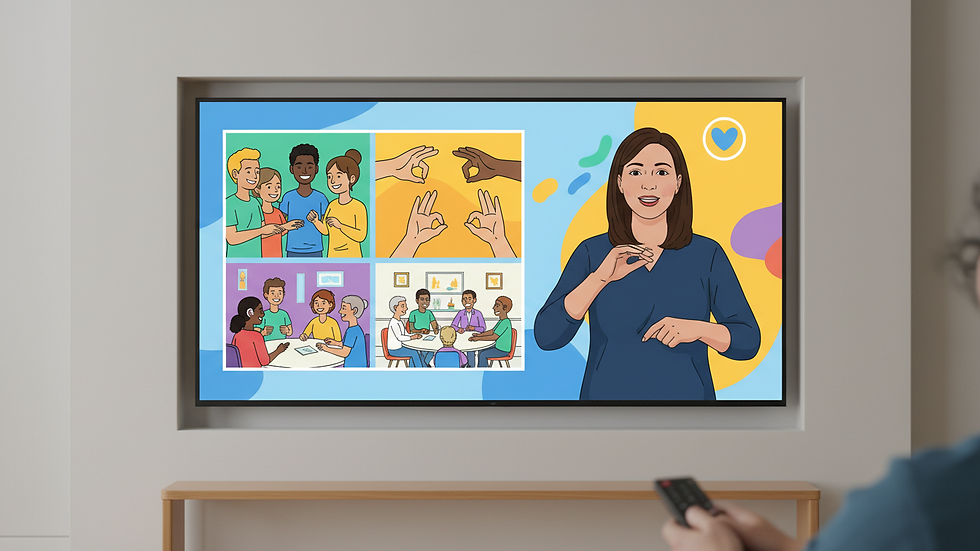 Eye-level view of a video screen showing a British Sign Language interpreter delivering news